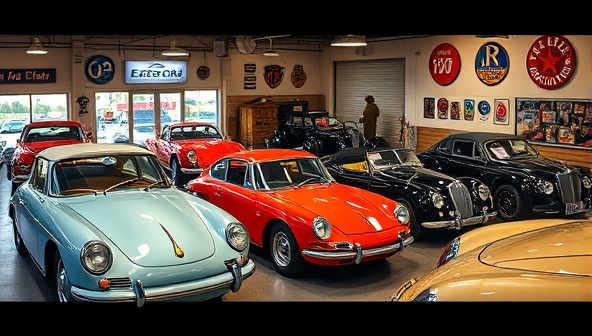 A vintage-inspired showroom displaying a selection of classic cars from different eras, beautifully restored and polished, with a backdrop of nostalgic automotive memorabilia, evoking a sense of timeless elegance and automotive passion.