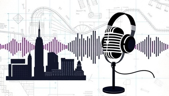 An artistic audio-themed graphic featuring architectural elements like blueprints, building silhouettes, and sound waves intertwined with podcasting symbols like microphones and headphones, symbolizing the fusion of architecture and storytelling on the ArchiTales Network podcast platform.