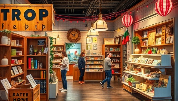 An enchanting scene of a creatively designed pop-up shop filled with a variety of products from different local businesses, bustling with shoppers and vibrant decorations, capturing the essence of community collaboration.