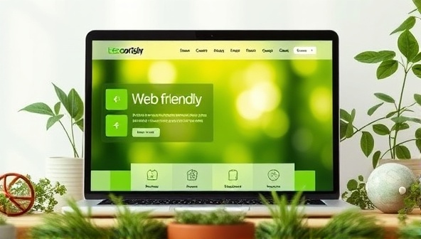 An eco-friendly website design showcased on a laptop screen, surrounded by greenery and sustainable design elements, symbolizing the harmony between web design and environmental sustainability, inspiring users to adopt green practices in their online presence.