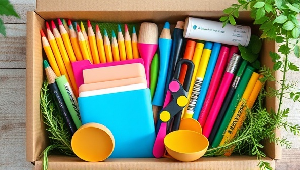 An aesthetically pleasing image of a colorful array of eco-friendly school supplies neatly arranged in a box, surrounded by greenery and natural elements, conveying a sense of sustainability and mindful consumption.