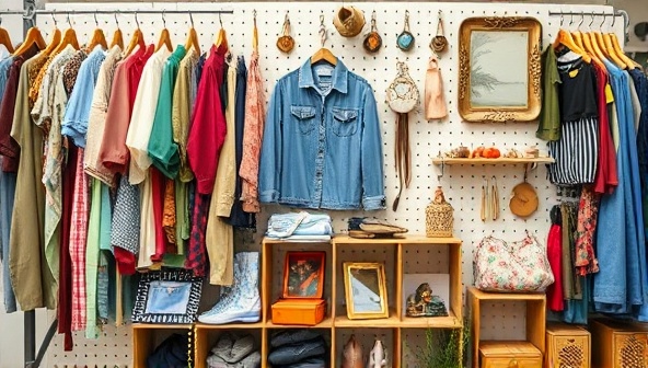 An aesthetically pleasing grid layout of various thrifted items such as retro clothing, vintage decor, and unique accessories, creating a visually appealing and sustainable shopping experience.