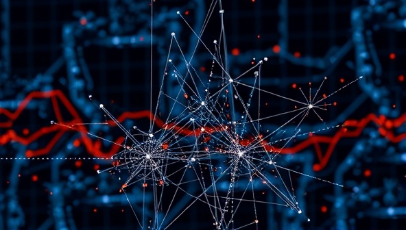 An abstract visualization of data patterns and correlations in a mining dataset, with interconnected nodes and lines representing the intricate relationships uncovered by DataMine Analytics' advanced data analysis techniques, conveying a sense of complexity and insight.