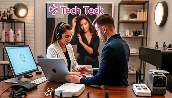 A virtual tech support scene showcasing a professional assisting a beauty professional with setting up and troubleshooting beauty tech equipment, surrounded by beauty devices and tools, highlighting the expertise and assistance provided by BeautyTech Assist in resolving technical issues.