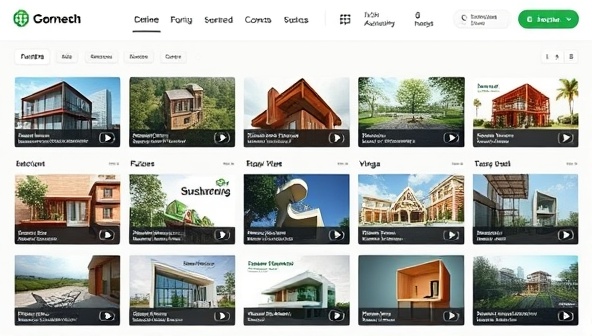 An online learning platform interface showcasing a diverse range of sustainable architecture courses, featuring interactive modules, video tutorials, and downloadable resources, promoting eco-conscious design education and professional development.