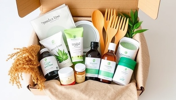 An aesthetically pleasing and eco-friendly subscription box filled with reusable kitchenware, organic skincare products, bamboo utensils, and plant-based cleaning supplies, symbolizing a commitment to sustainable living and environmentally friendly choices through GreenLiving Essentials.