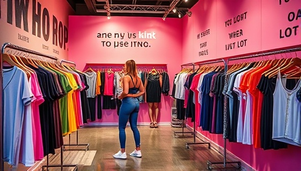 An image of a vibrant and stylish pop-up store interior with racks of trendy fitness apparel, motivational quotes on the walls, and customers trying on activewear, capturing the energetic and fashionable ambiance of FitFashion Pop.