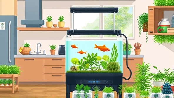 An artistic illustration of a compact aquaponics kit in a modern kitchen, showing fish swimming in a tank connected to hydroponic plant beds, with herbs and vegetables thriving in a sustainable and visually appealing home setup.