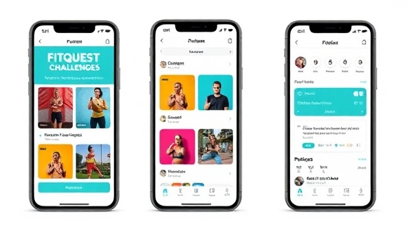 An interactive mobile app interface showcasing the FitQuest Challenges platform with vibrant graphics, challenge previews, and user profiles displaying workout achievements and progress, creating a visually engaging and motivating fitness experience for app users.