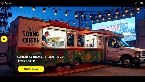 An immersive virtual food truck rally scene with vibrant food truck graphics, interactive ordering buttons, and a live streaming stage showcasing chefs preparing signature dishes, creating a dynamic and engaging online food festival experience.