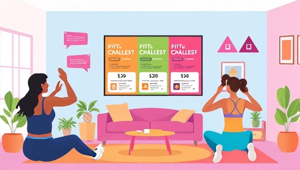 A vibrant digital illustration depicting diverse individuals exercising at home, participating in a virtual fitness challenge, with motivational messages and progress trackers on the screen, creating a sense of community and achievement.