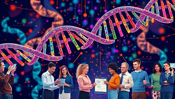 An artistic depiction of a DNA double helix unraveling into a colorful spectrum of genetic information, with individuals of diverse backgrounds and ages surrounded by genetic testing kits and digital devices, symbolizing the intersection of science, health, and personal discovery through genetic insights.