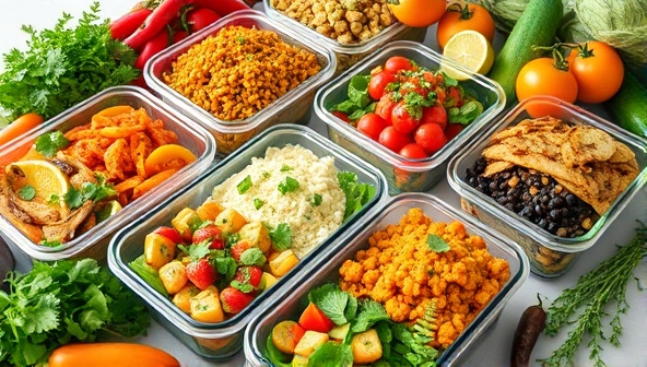 An appetizing display of colorful, plant-based meal prep dishes neatly arranged in eco-friendly containers, surrounded by fresh herbs and vibrant vegetables, reflecting a healthy and sustainable culinary experience.