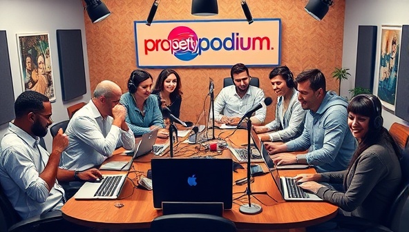 An artistic depiction of a diverse group of real estate professionals and enthusiasts engaging in a lively podcast recording session, surrounded by microphones, laptops, and recording equipment, capturing the dynamic and educational essence of PropertyPodium's content network.