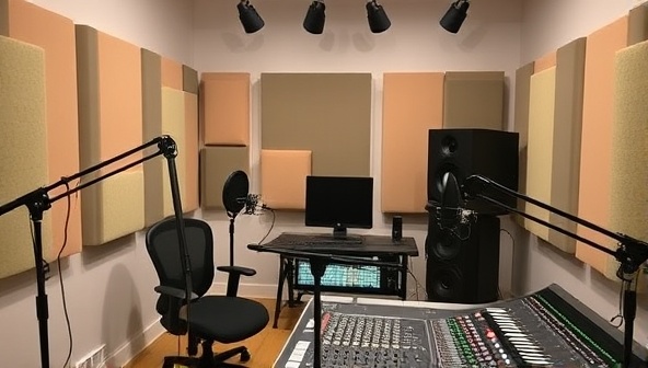 A cozy recording studio setup with professional microphones, soundproofing panels, and a mixing console, creating a professional and inviting atmosphere for podcast production.