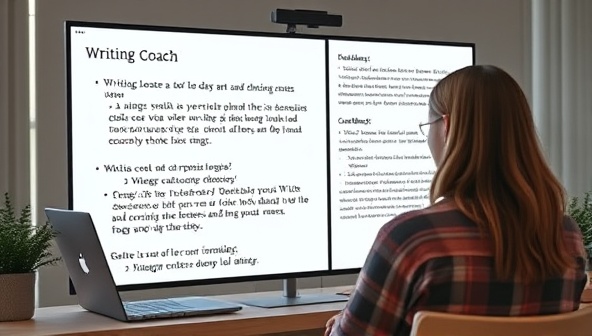 An image of a writing coach and a client engaged in a virtual coaching session, with writing prompts and feedback notes visible on a digital screen, conveying a supportive and personalized mentoring experience in a virtual setting.