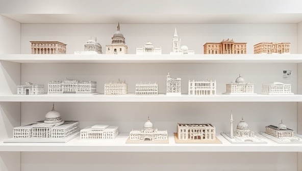 An array of intricate architectural models displayed on sleek white shelves against a backdrop of minimalist interiors, highlighting the artistic and modern appeal of the products.