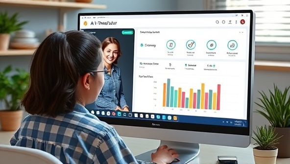 An AI-powered virtual tutor interacting with a student on a computer screen, displaying a personalized lesson plan and progress tracker, demonstrating the platform's advanced learning capabilities in action.