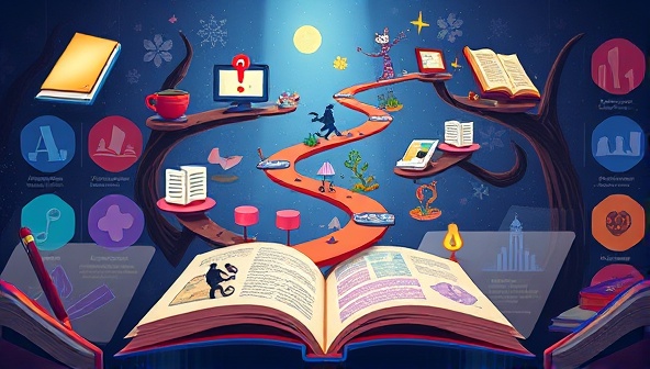 A dynamic visual representation of a digital storybook with interactive elements, colorful illustrations, and branching pathways, inviting users to engage with immersive storytelling experiences on the platform.