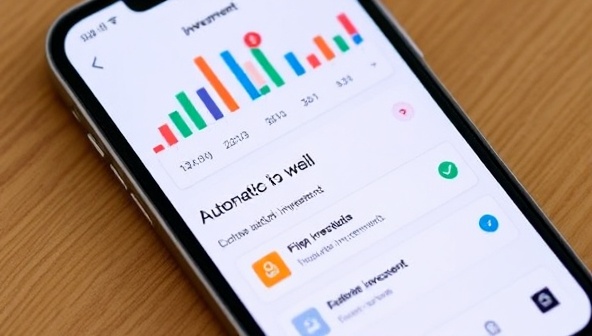A smartphone screen displaying the TinyInvest App interface with colorful investment charts, a progress tracker showing small incremental gains, and a user setting up automatic investments, conveying simplicity and accessibility in investing.