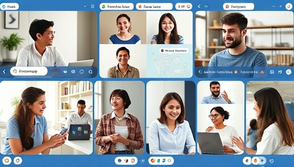 An interactive language exchange session scene featuring users engaging in virtual conversations in different languages, sharing cultural insights, and participating in language challenges, illustrating the diverse and engaging language learning environment facilitated by LinguaLink Exchange.