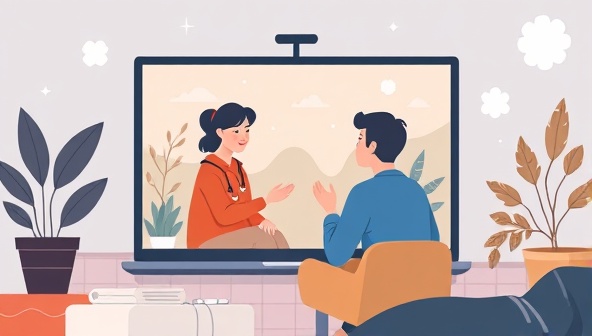An emotionally resonant digital illustration depicting a virtual therapy session, with a therapist and client engaging in a heartfelt conversation on-screen, surrounded by calming nature elements and comforting digital symbols, conveying a sense of empathy and healing in mental wellness support.