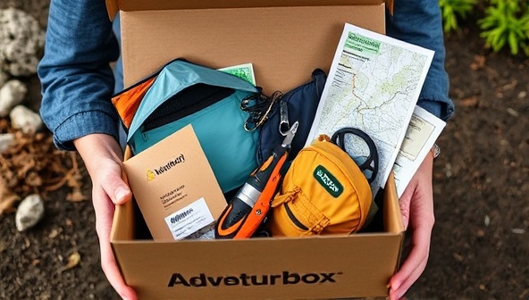 An adventurous image of a subscriber unboxing their AdventurBox filled with exciting outdoor gear, including a compact tent, a versatile multitool, a rugged backpack, and a map with a trail highlighted, evoking the thrill of embarking on a new adventure with curated equipment from AdventurBox.