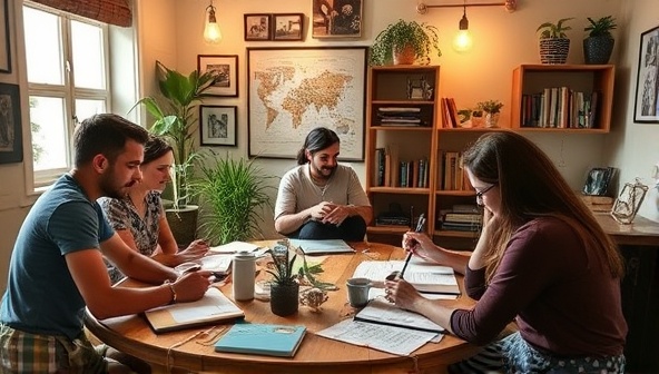 An interactive image of a virtual travel journaling workshop in action, featuring participants writing, sketching, and sharing their travel stories in a creative and inspiring setting, capturing the essence of self-expression and storytelling at JourneyWrite Studio.