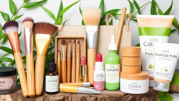 A visually appealing collage of sustainable beauty products like bamboo makeup brushes, refillable lipstick containers, and biodegradable skincare packaging, arranged in a nature-inspired setting to convey the eco-friendly ethos and product variety offered by EcoGlam Hub.