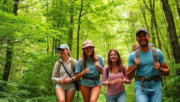 An image of a diverse group of travelers happily exploring a lush green forest, each equipped with sustainable travel gear from EcoWander Rentals, showcasing the harmony between nature and responsible travel.