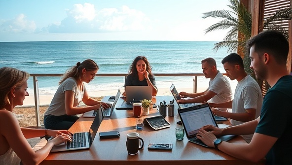 An inviting image of a diverse group of professionals working on laptops in a scenic co-working space overlooking a tranquil beach, with a mix of focused work and relaxed networking, capturing the essence of a nomadic co-working retreat.