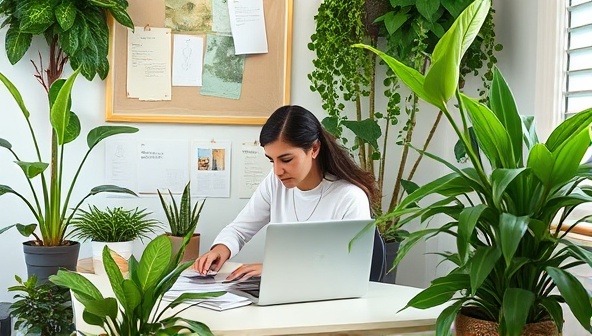 A web designer working on a laptop surrounded by green plants, recycled paper, and eco-friendly design materials, creating a harmonious and sustainable workspace at GreenPixel Studios.