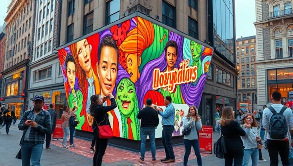 A bustling city street corner transformed into a vibrant art display, with people actively interacting with the artwork, taking photos, and sharing on social media, capturing the essence of engagement and creativity in advertising.