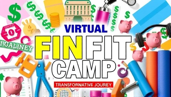A vibrant and energetic collage featuring a blend of financial icons (dollar signs, piggy banks) and fitness elements (dumbbells, yoga mats) in a dynamic and motivational design, inspiring viewers to join the virtual FinFit Camp for a transformative journey.