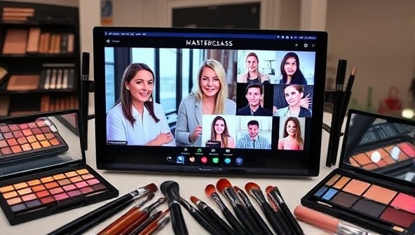 A digital screen displaying an online beauty masterclass session with industry experts sharing tips and techniques, surrounded by makeup palettes, brushes, and beauty tools, creating an immersive and educational beauty learning experience.