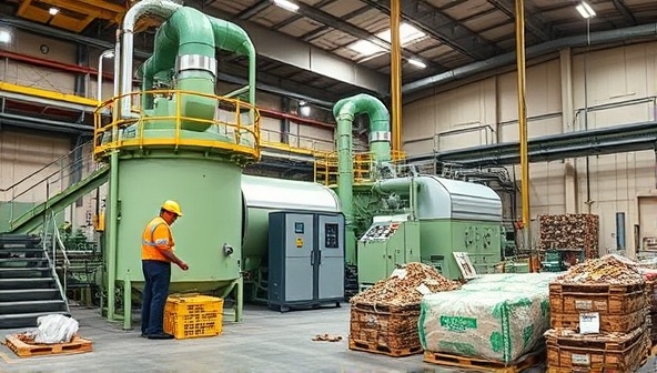 An industrial facility with advanced waste processing equipment converting organic waste into energy, with workers monitoring the production process and sustainable energy products being packaged for distribution, illustrating a green and efficient waste-to-energy operation.