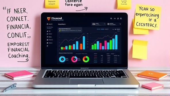 A modern laptop displaying a financial dashboard with colorful graphs and charts, surrounded by motivational quotes and sticky notes, reflecting a vibrant and empowering financial coaching atmosphere.