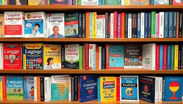 An array of language textbooks, dictionaries, and language learning tools displayed on virtual shelves with colorful spines and vibrant cover designs, representing the diversity and richness of language learning resources available in the virtual bookstore.