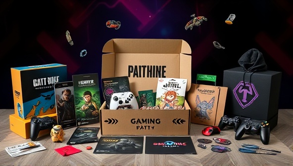 An enticing subscription box design featuring gaming-themed merchandise, collectibles, and accessories arranged in a visually appealing layout, creating a sense of anticipation and excitement for subscribers.