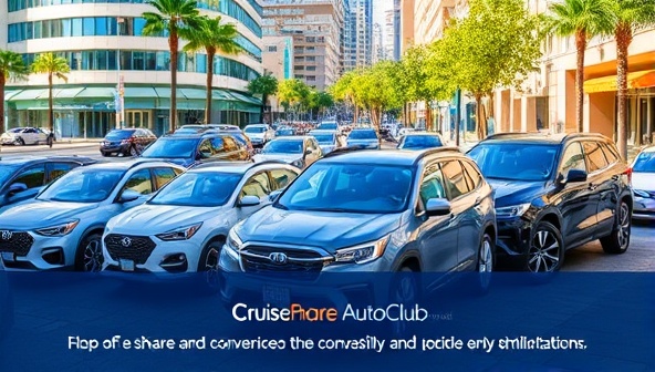 An engaging image showcasing a diverse lineup of vehicles, from compact cars to premium SUVs, parked in a vibrant city setting with happy members accessing and enjoying the convenience of the CruiseShare Auto Club platform, capturing the essence of variety and accessibility.