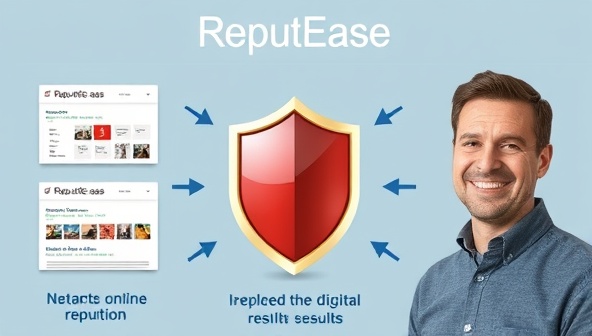 A visual representation of ReputEase's services, showing negative online content being replaced by positive search results, a shield protecting digital reputation, and a client smiling with confidence, reflecting the consultancy's impact on online image enhancement.
