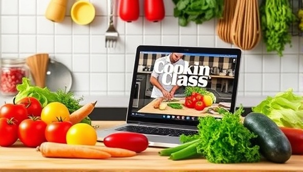 A vibrant kitchen setting with fresh ingredients, cooking utensils, and a laptop displaying a live cooking class, creating a dynamic and interactive culinary experience.