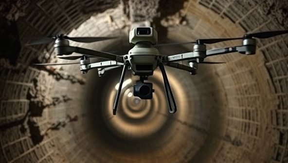 An underground mine tunnel with a drone equipped with sensors flying through, capturing real-time video footage of the tunnel walls and monitoring safety conditions, illustrating the innovative surveillance capabilities of SafeDrone Mining Security for underground mining safety.