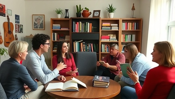 A virtual book club meeting scene featuring diverse participants engaging in a lively discussion, with a featured author sharing insights on writing craft, fostering a sense of community and collaboration among emerging writers in a digital setting.