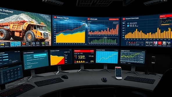 An engaging visualization of a control room with multiple screens displaying real-time data from mining equipment, accompanied by graphs and alerts, showcasing the power of remote monitoring technology in optimizing operations.