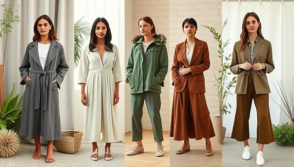 An aesthetically pleasing digital collage featuring sustainable fashion pieces from local designers, displayed in an eco-friendly setting with natural elements and minimalist design, conveying the essence of style, sustainability, and conscious consumption in fashion.