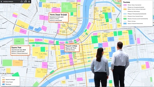 An image of a digital map overlaid with zoning designations and color-coded regulations, with a team of consultants analyzing the zoning requirements and drafting zoning compliance strategies, portraying the expertise and precision of ZoneCraft Solutions' consultancy services.