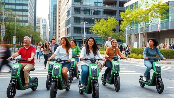 An urban scene depicting a group of diverse individuals smoothly riding electric scooters from EcoRide Connect through bustling city streets, with modern architecture and green spaces in the background, showcasing the convenience and eco-friendliness of the shared mobility service.