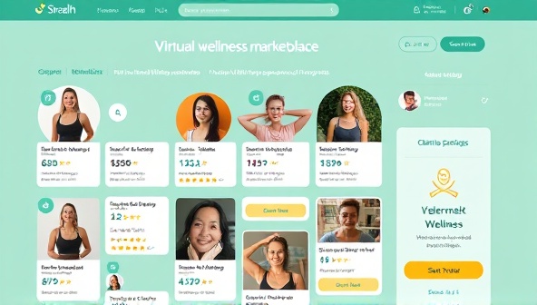 An interactive virtual wellness marketplace interface displaying profiles of independent wellness instructors, service offerings, client reviews, and scheduling options, creating a vibrant and user-friendly platform that connects clients with diverse wellness professionals for personalized virtual wellness experiences.
