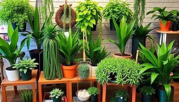 A lush and green online plant nursery display featuring a variety of indoor plants, succulents, and gardening tools showcased in a botanical-inspired setting, creating a sense of tranquility and natural beauty for plant enthusiasts seeking greenery for their homes.